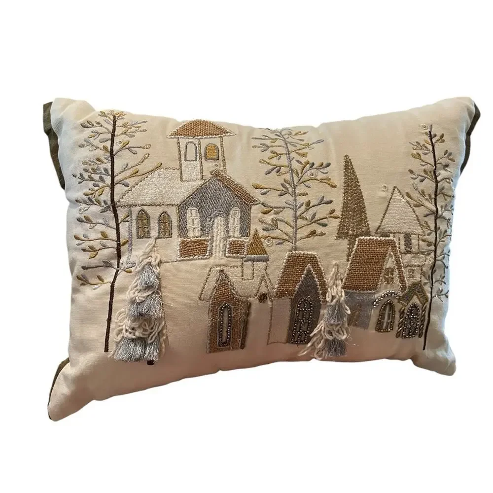 Pier One 1 Imports Pine Fir Trees Christmas Embriodered Pillow 15”x21”